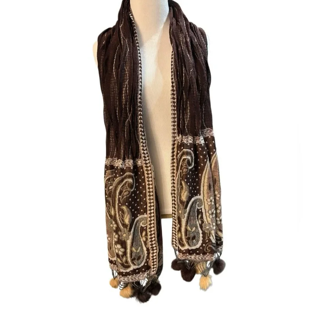 Boho Spanish Paisley Knit Scarf with Rabbit Fur Pom Poms – Brown / Tan – 62”